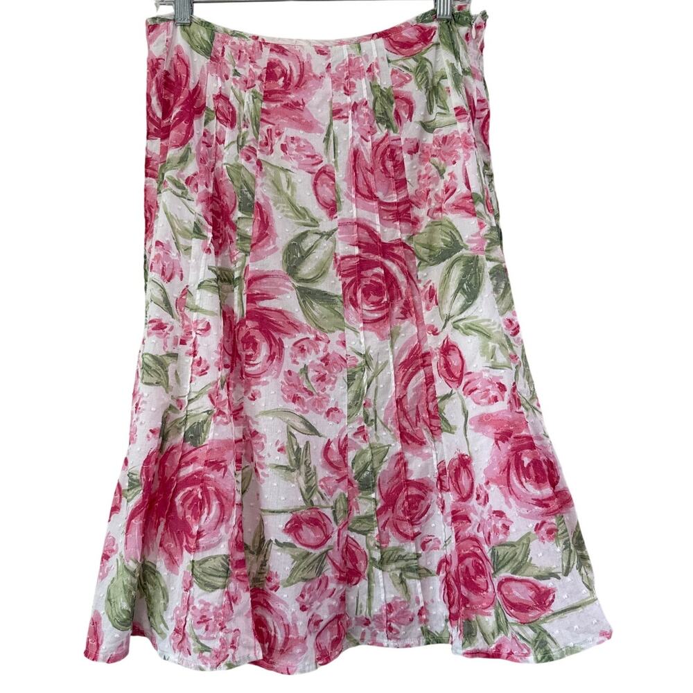 JM Collection Swiss Dot Rose Floral Cotton Midi Skirt Size 6 Mod Church Modest